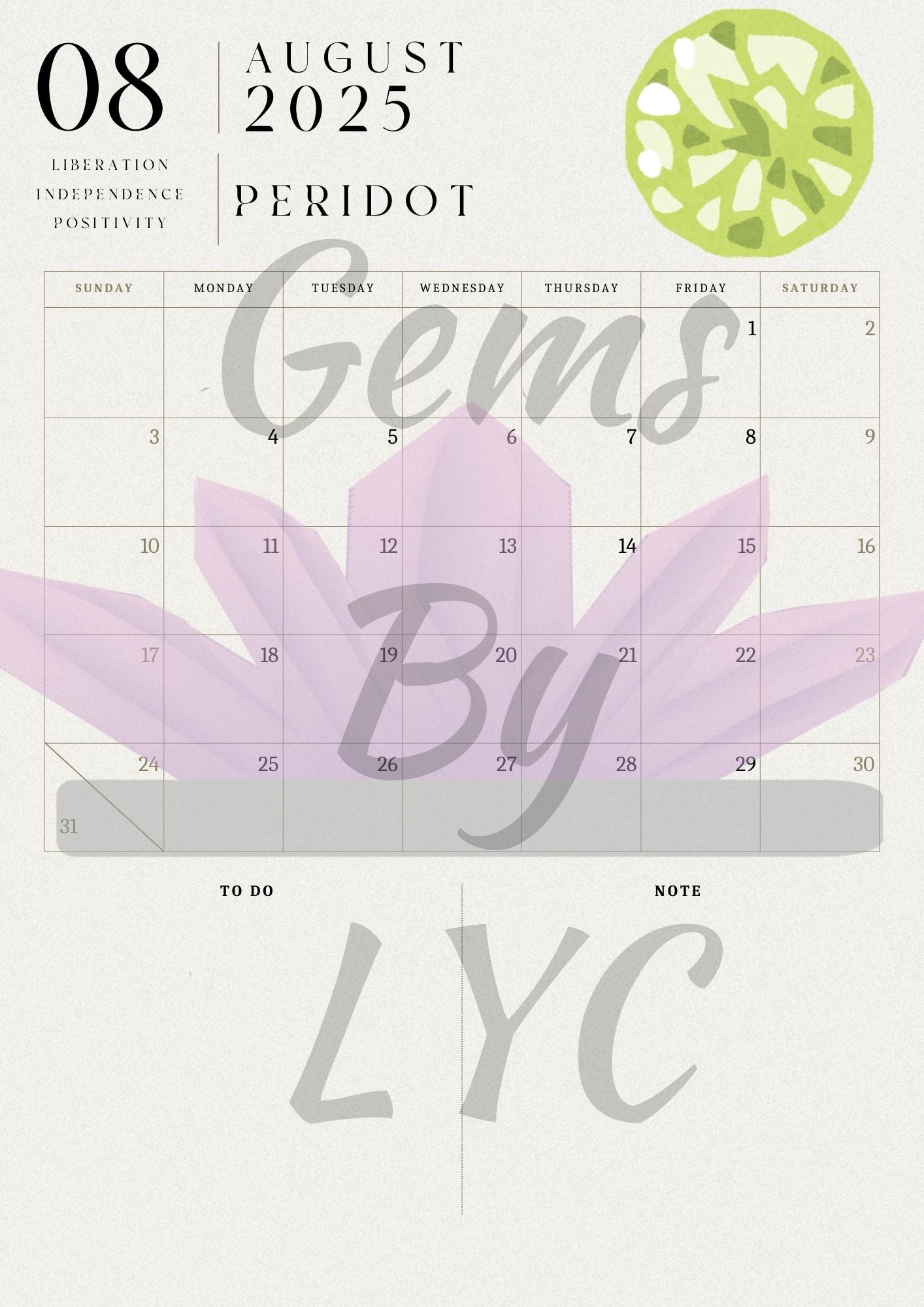 '25-'26 Printable Student Gemstone Calendar