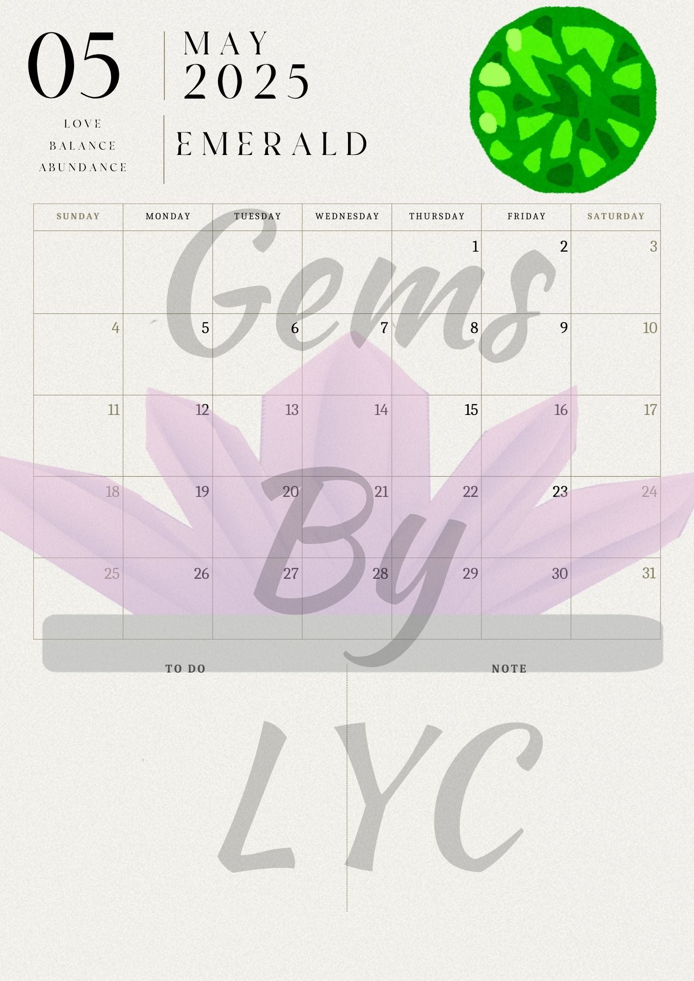 2025 Printable Gemstone Calendar