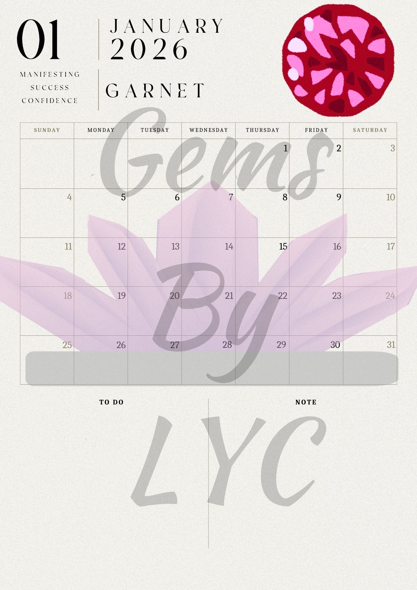 '25-'26 Printable Student Gemstone Calendar